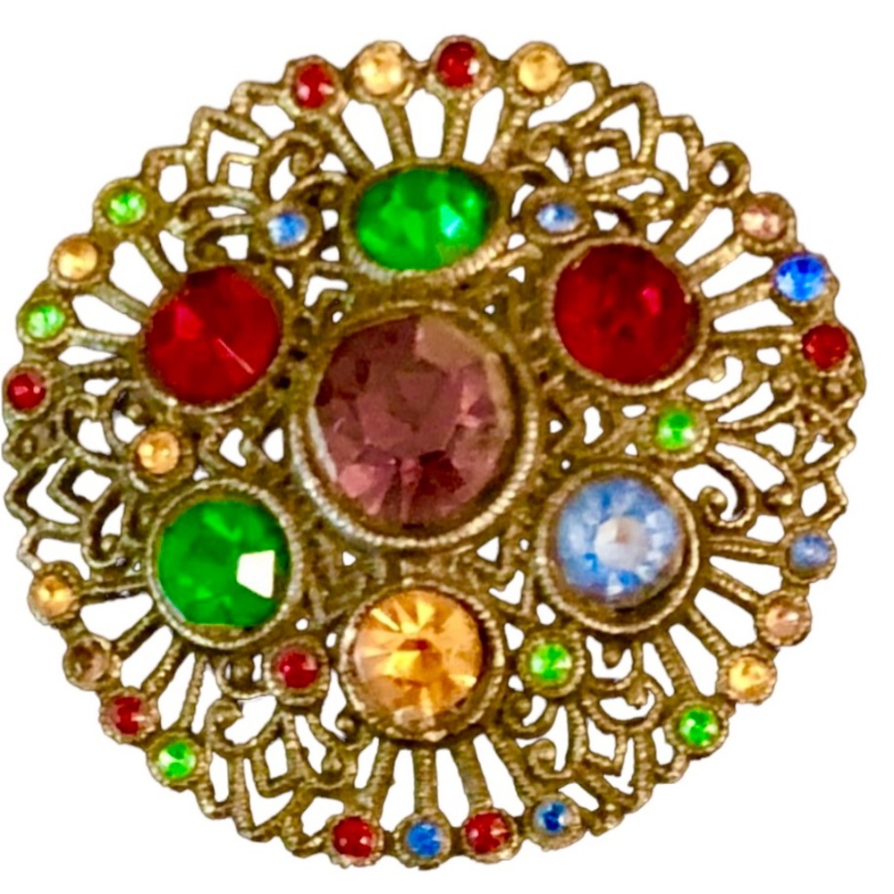 1950’s Mid Century Gold Multi Colored Fruit Salad Brooch, 2” x 2”